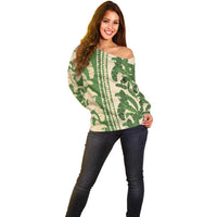 Hawaii Pua Kenikeni Lei Off Shoulder Sweater With Lau Maia Green LT05 - Polynesian Pride
