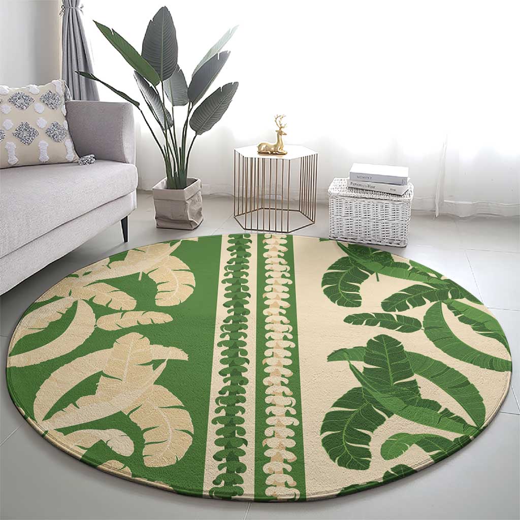 Hawaii Pua Kenikeni Lei Round Carpet With Lau Maia Green LT05 - Polynesian Pride