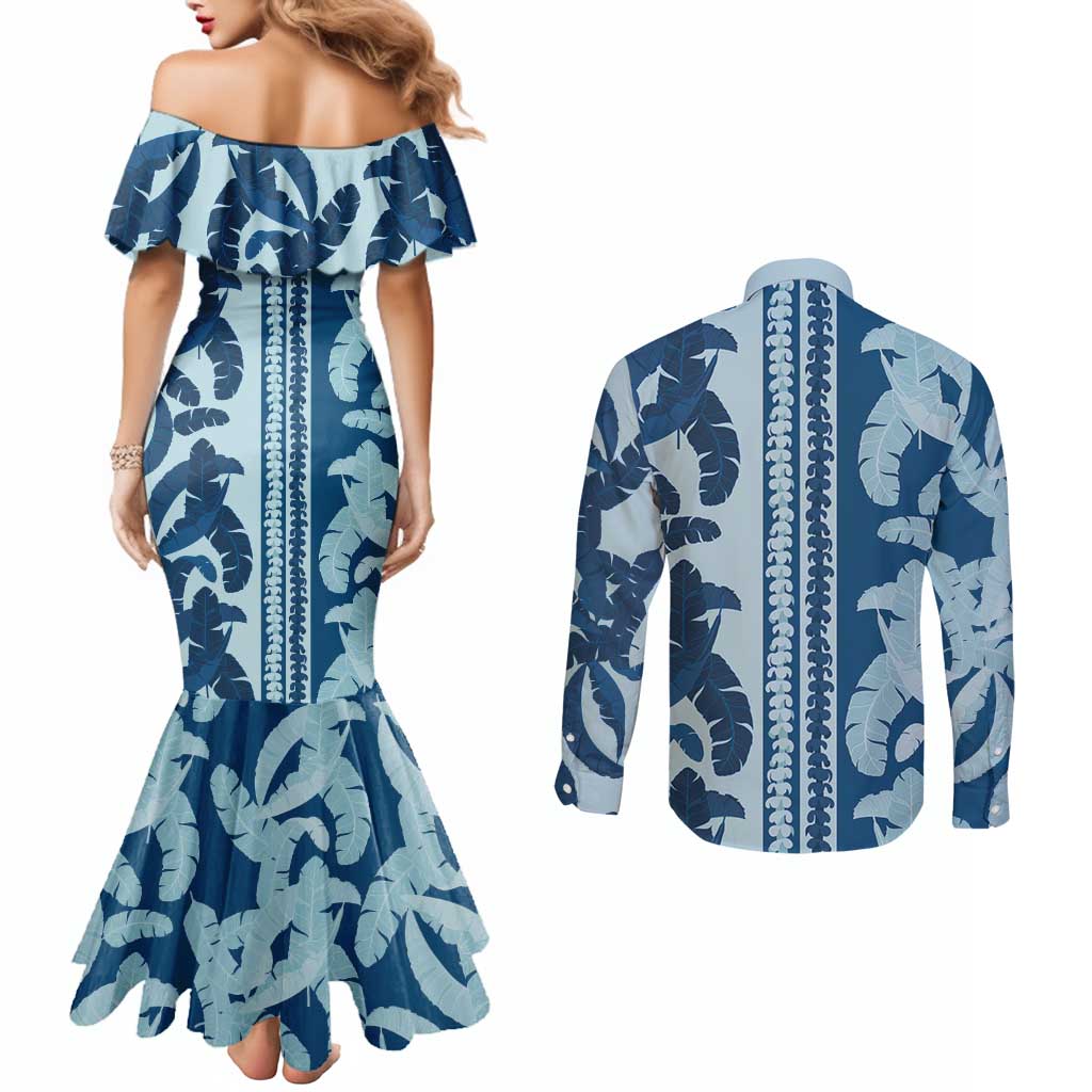 Hawaii Pua Kenikeni Lei Couples Matching Mermaid Dress and Long Sleeve Button Shirt With Lau Maia Royal Blue