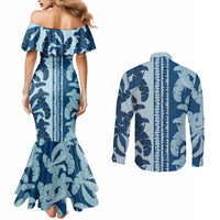 Hawaii Pua Kenikeni Lei Couples Matching Mermaid Dress and Long Sleeve Button Shirt With Lau Maia Royal Blue