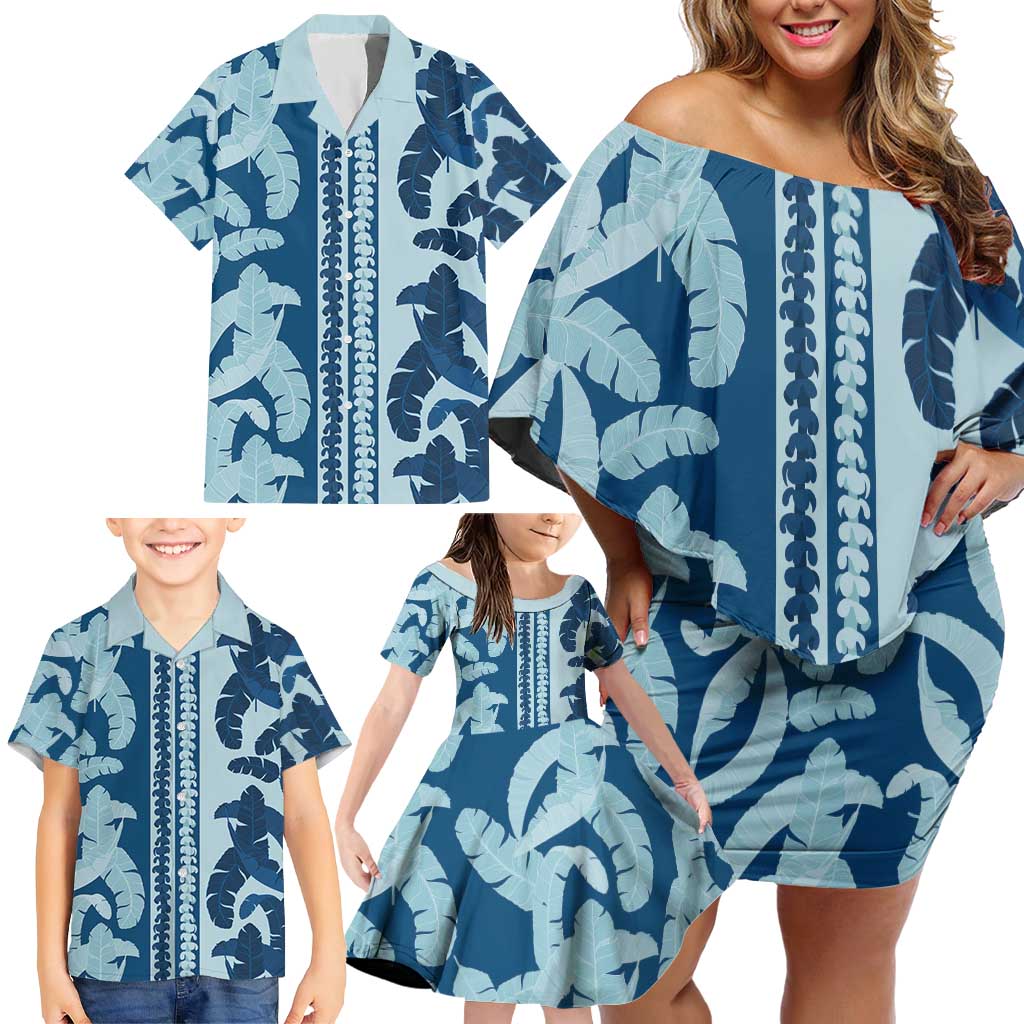 Hawaii Pua Kenikeni Lei Family Matching Off Shoulder Short Dress and Hawaiian Shirt With Lau Maia Royal Blue