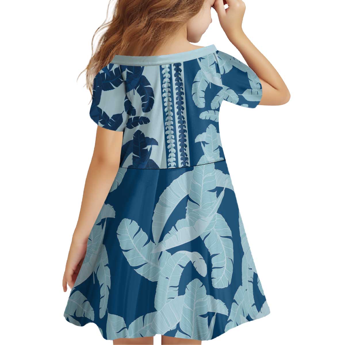 Hawaii Pua Kenikeni Lei Kid Short Sleeve Dress With Lau Maia Royal Blue LT05 - Polynesian Pride