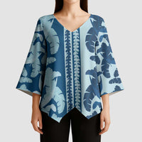 Hawaii Pua Kenikeni Lei Kimono Sleeve Blouse With Lau Maia Royal Blue LT05 - Polynesian Pride