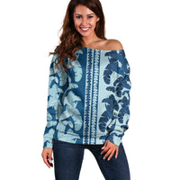 Hawaii Pua Kenikeni Lei Off Shoulder Sweater With Lau Maia Royal Blue LT05 Women Blue - Polynesian Pride