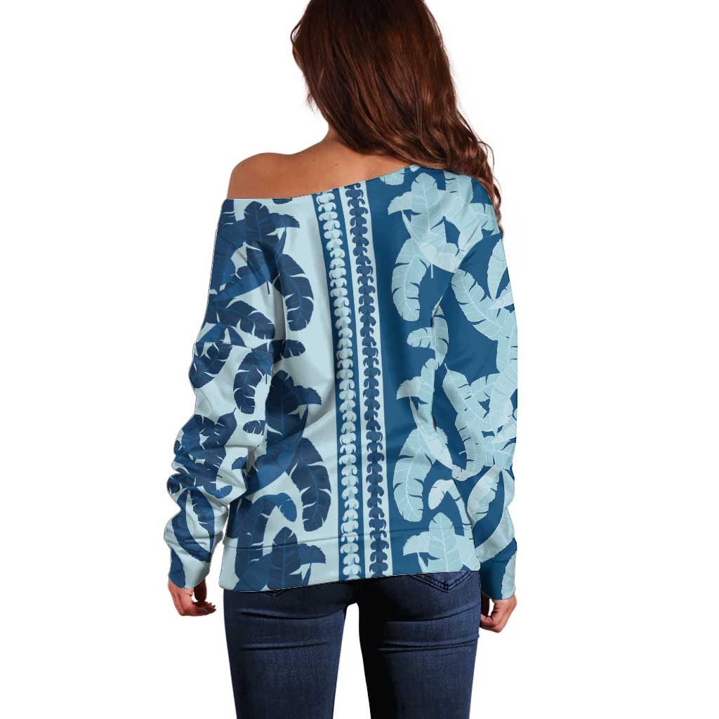 Hawaii Pua Kenikeni Lei Off Shoulder Sweater With Lau Maia Royal Blue LT05 - Polynesian Pride