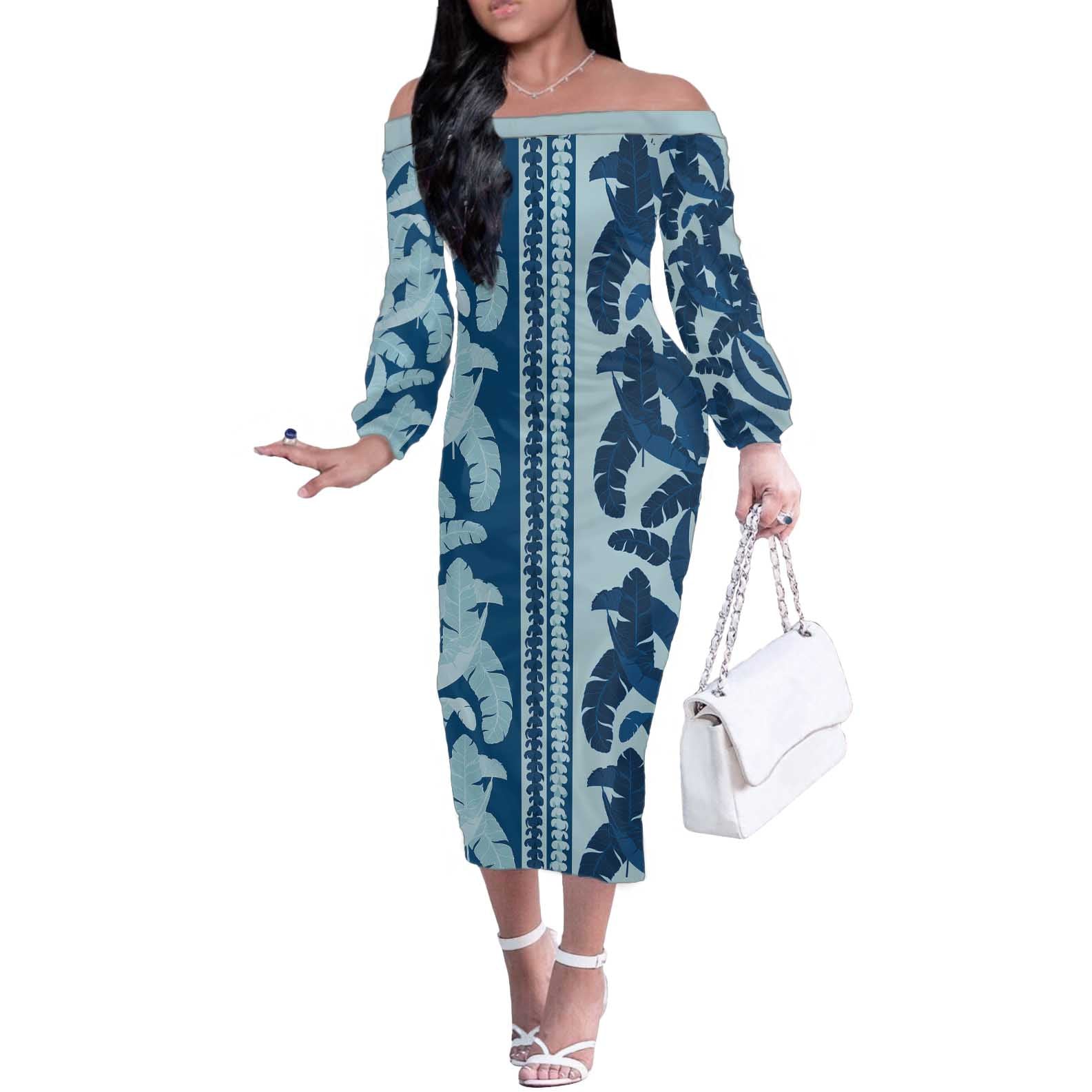 Hawaii Pua Kenikeni Lei Off The Shoulder Long Sleeve Dress With Lau Maia Royal Blue