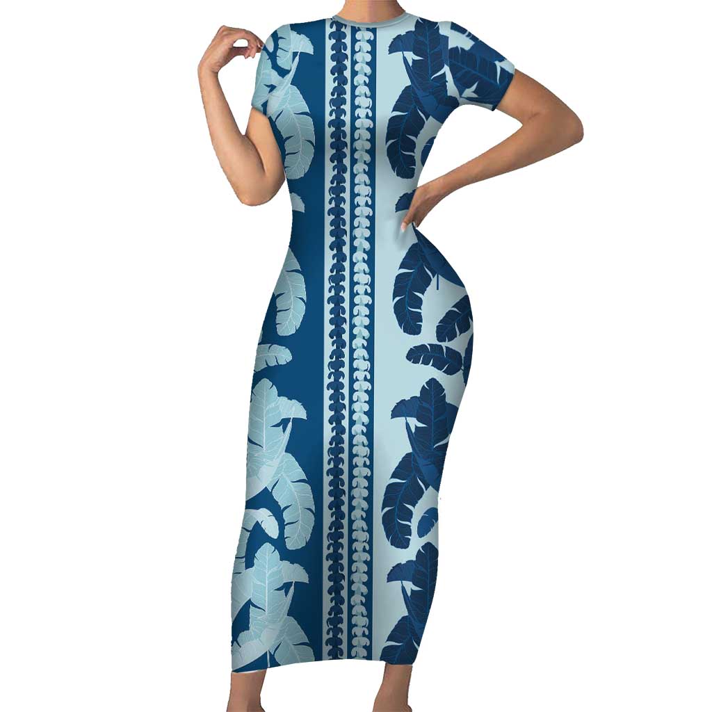 Hawaii Pua Kenikeni Lei Short Sleeve Bodycon Dress With Lau Maia Royal Blue