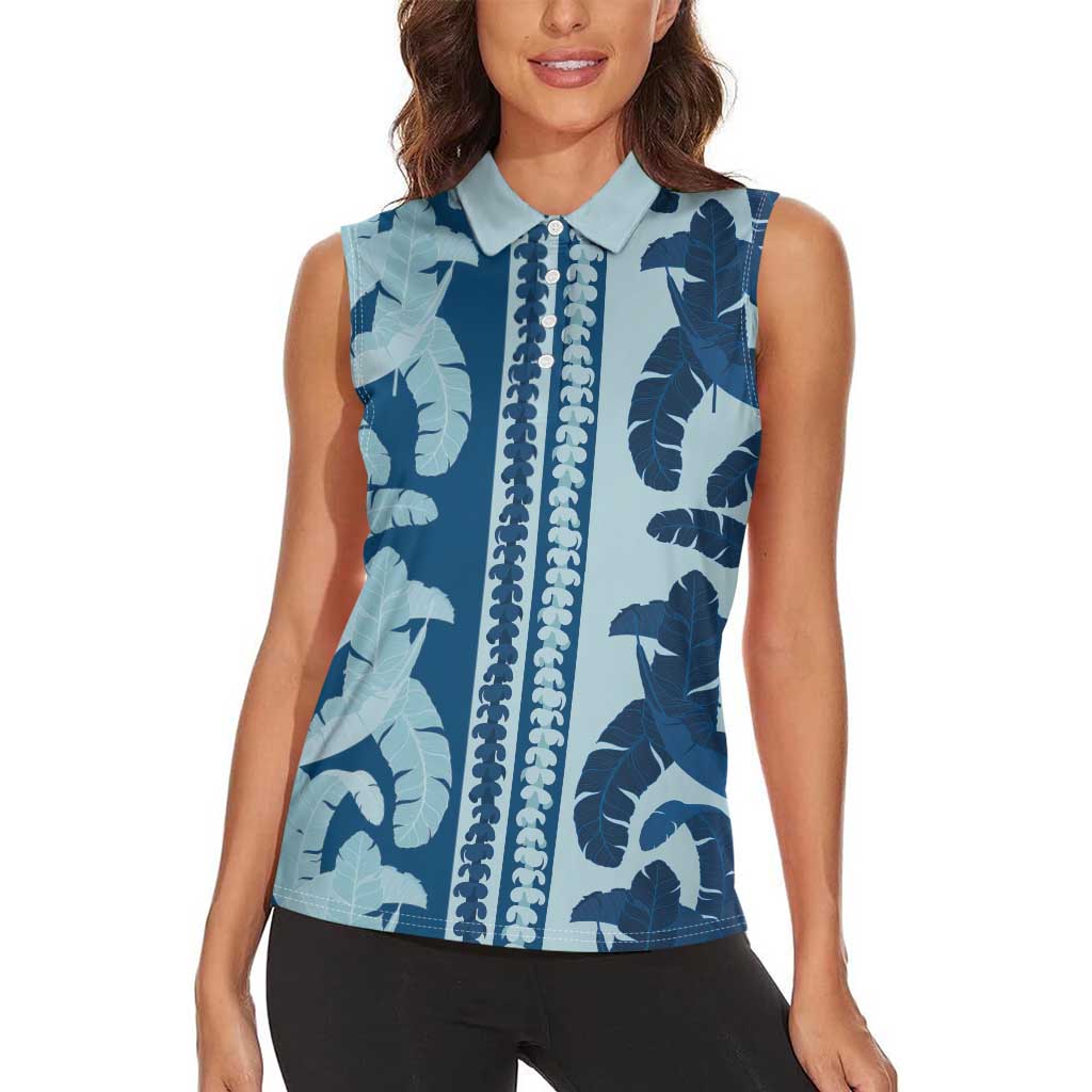 Hawaii Pua Kenikeni Lei Women Sleeveless Polo Shirt With Lau Maia Royal Blue LT05 - Polynesian Pride