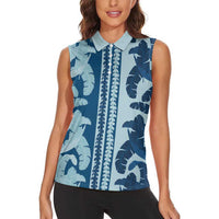 Hawaii Pua Kenikeni Lei Women Sleeveless Polo Shirt With Lau Maia Royal Blue LT05 - Polynesian Pride