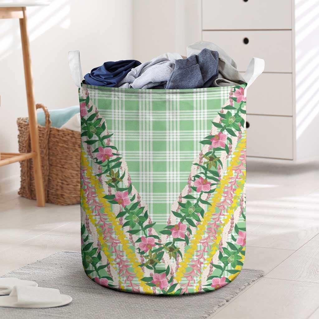 Hawaii Pikake Lokelani Plumeria Lei Laundry Basket Green Palaka Motifs