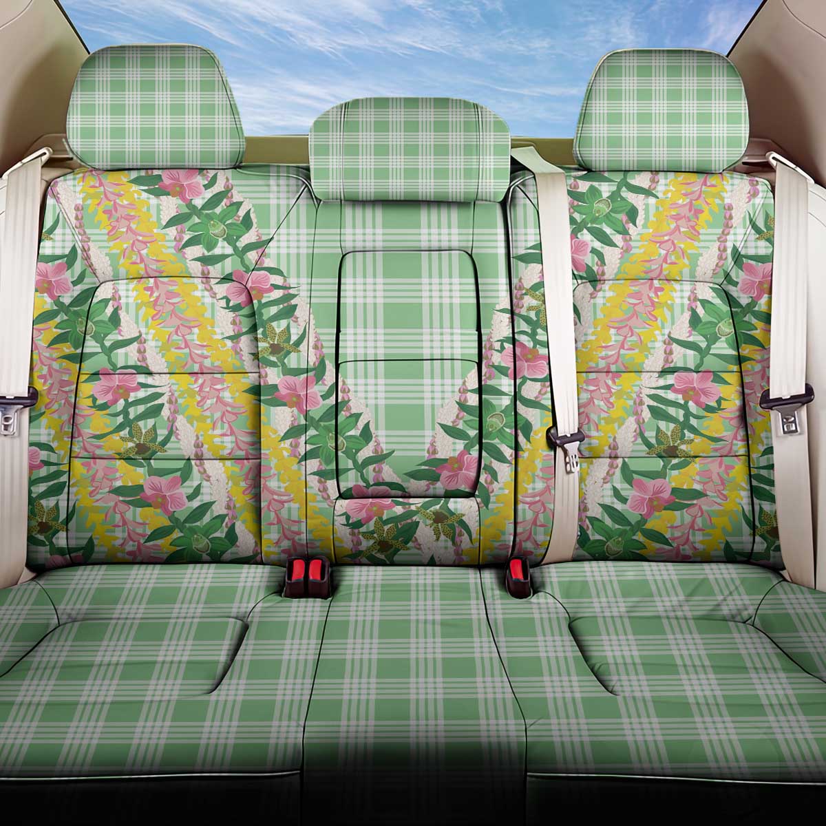 Hawaii Pikake Lokelani Plumeria Lei Back Car Seat Cover Green Palaka Motifs