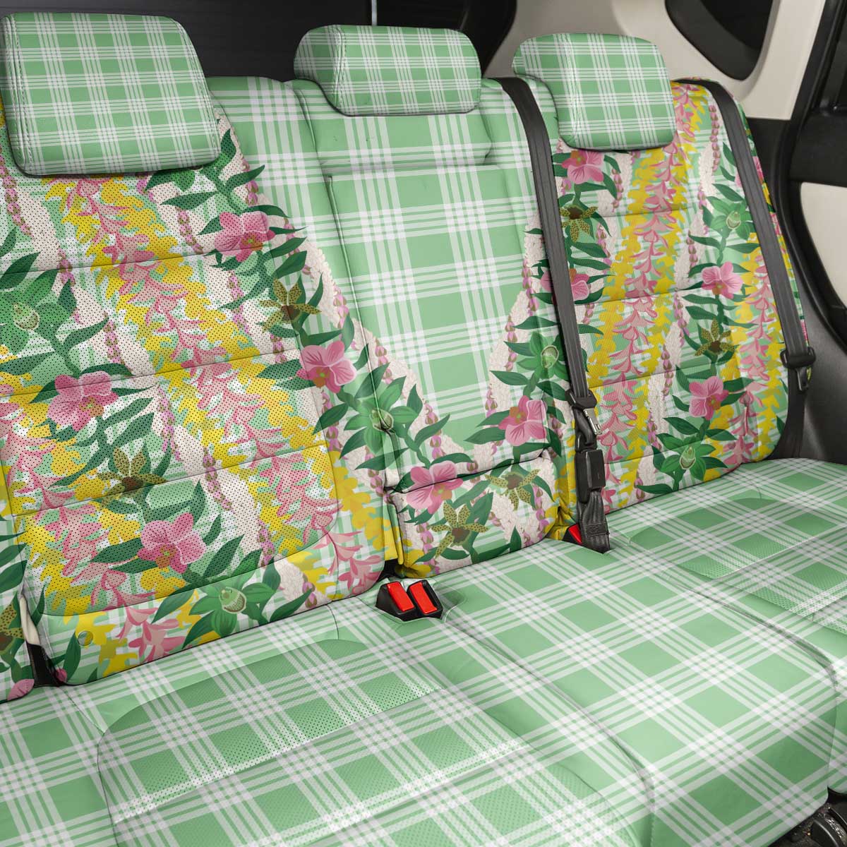 Hawaii Pikake Lokelani Plumeria Lei Back Car Seat Cover Green Palaka Motifs