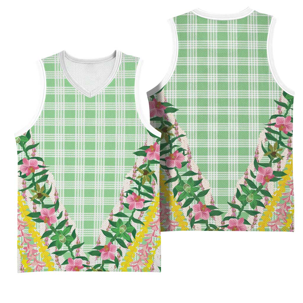 Hawaii Pikake Lokelani Plumeria Lei Basketball Jersey Green Palaka Motifs