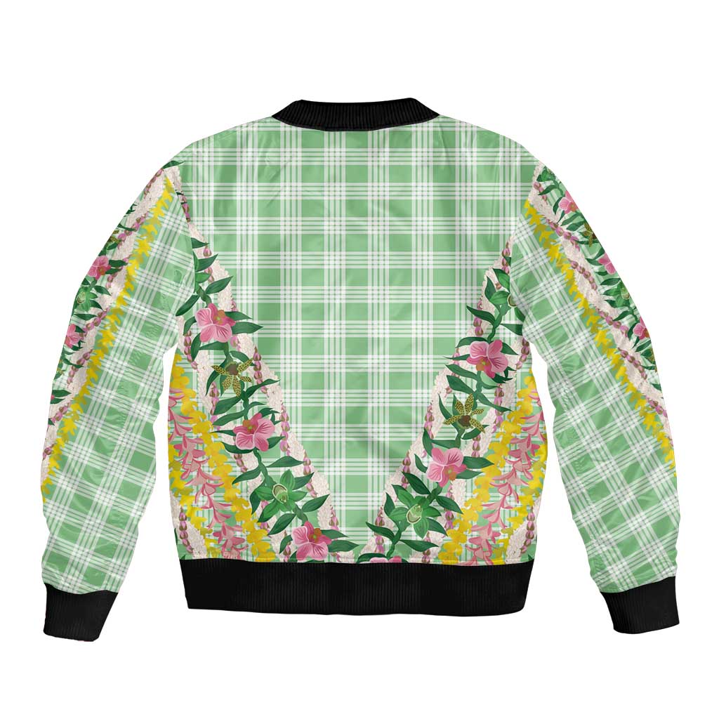 Hawaii Pikake Lokelani Plumeria Lei Bomber Jacket Green Palaka Motifs LT05 - Polynesian Pride