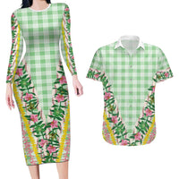 Hawaii Pikake Lokelani Plumeria Lei Couples Matching Long Sleeve Bodycon Dress and Hawaiian Shirt Green Palaka Motifs