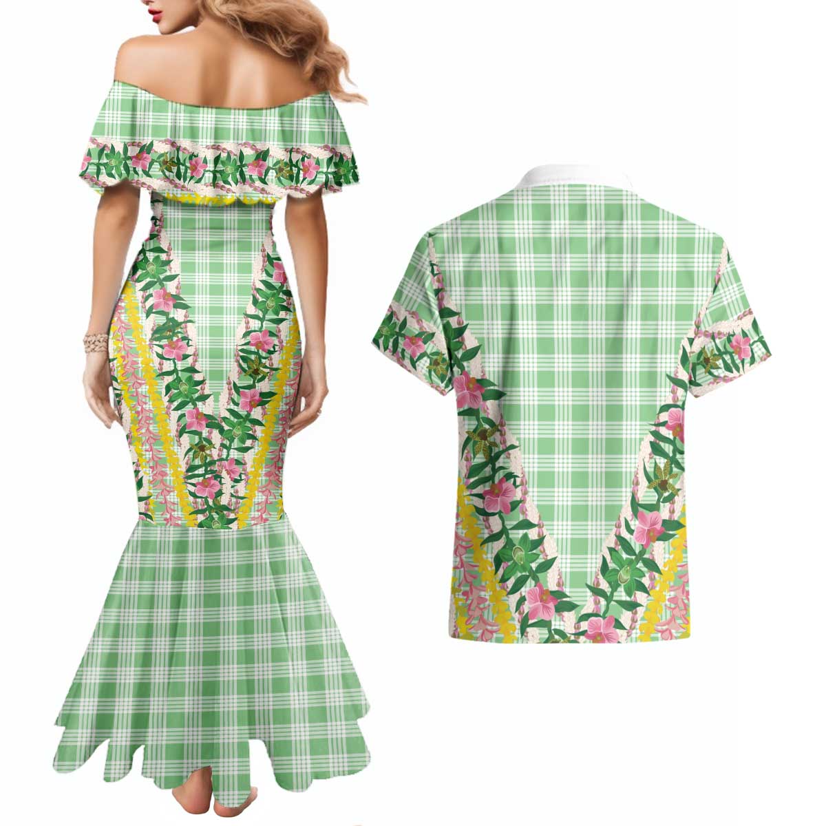 Hawaii Pikake Lokelani Plumeria Lei Couples Matching Mermaid Dress and Hawaiian Shirt Green Palaka Motifs
