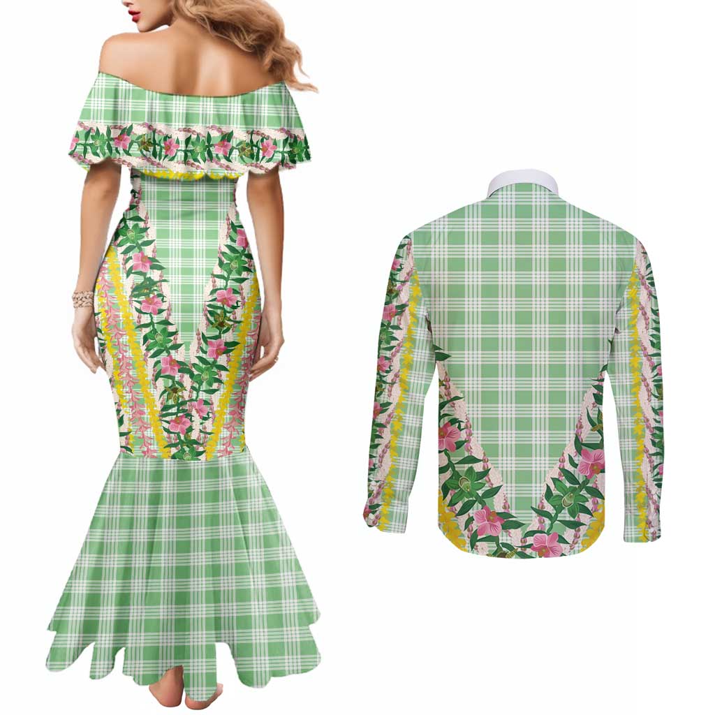 Hawaii Pikake Lokelani Plumeria Lei Couples Matching Mermaid Dress and Long Sleeve Button Shirt Green Palaka Motifs