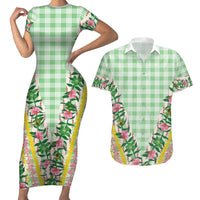 Hawaii Pikake Lokelani Plumeria Lei Couples Matching Short Sleeve Bodycon Dress and Hawaiian Shirt Green Palaka Motifs
