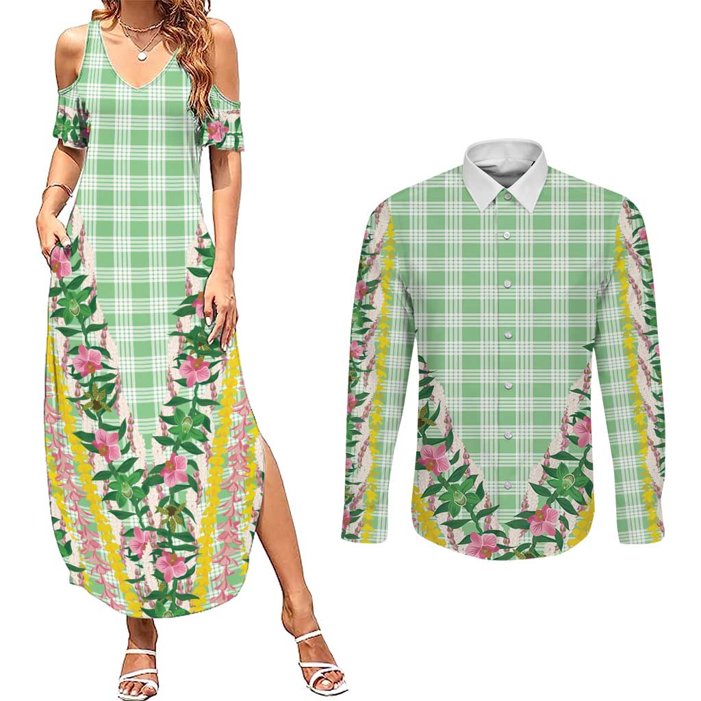 Hawaii Pikake Lokelani Plumeria Lei Couples Matching Summer Maxi Dress and Long Sleeve Button Shirt Green Palaka Motifs
