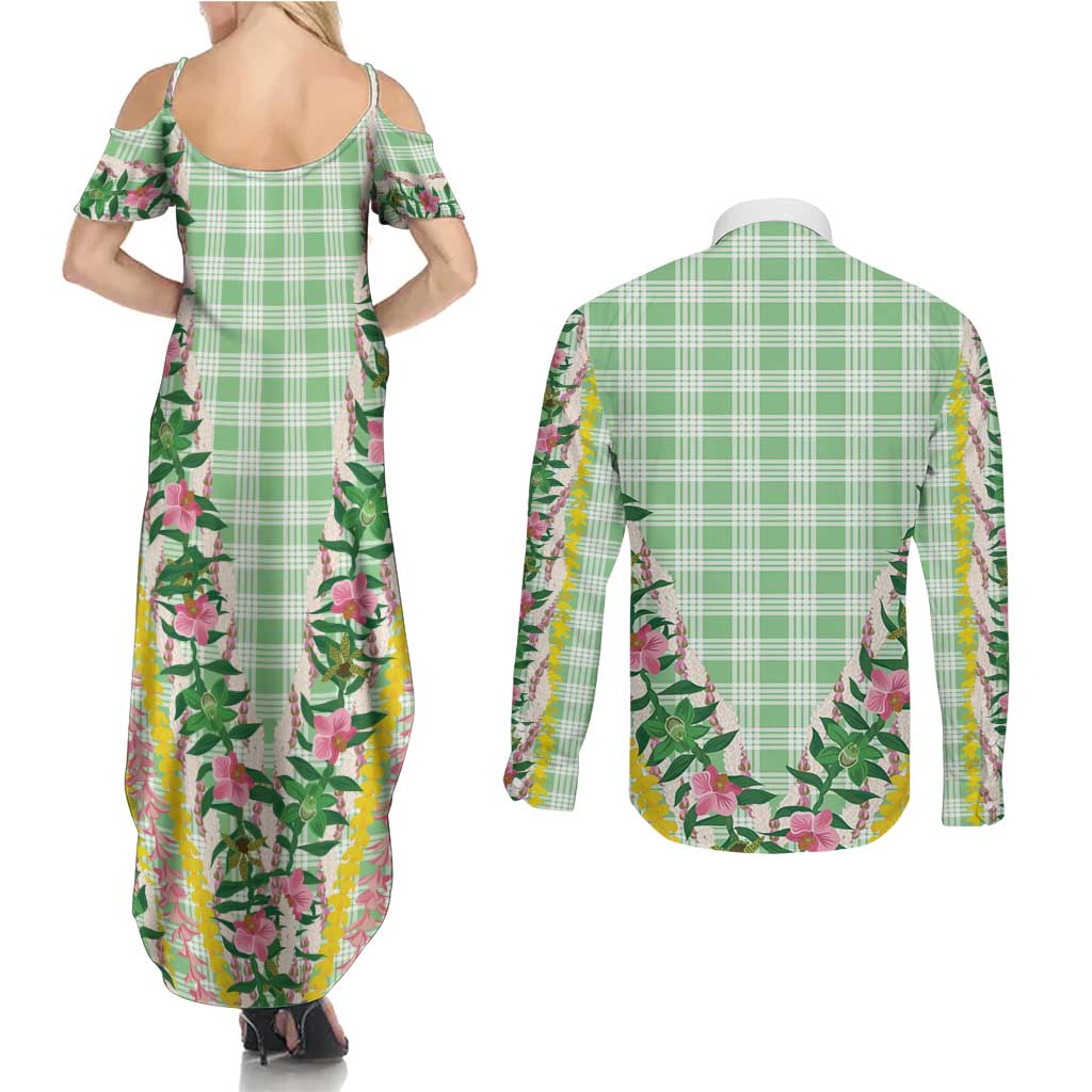 Hawaii Pikake Lokelani Plumeria Lei Couples Matching Summer Maxi Dress and Long Sleeve Button Shirt Green Palaka Motifs