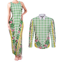 Hawaii Pikake Lokelani Plumeria Lei Couples Matching Tank Maxi Dress and Long Sleeve Button Shirt Green Palaka Motifs