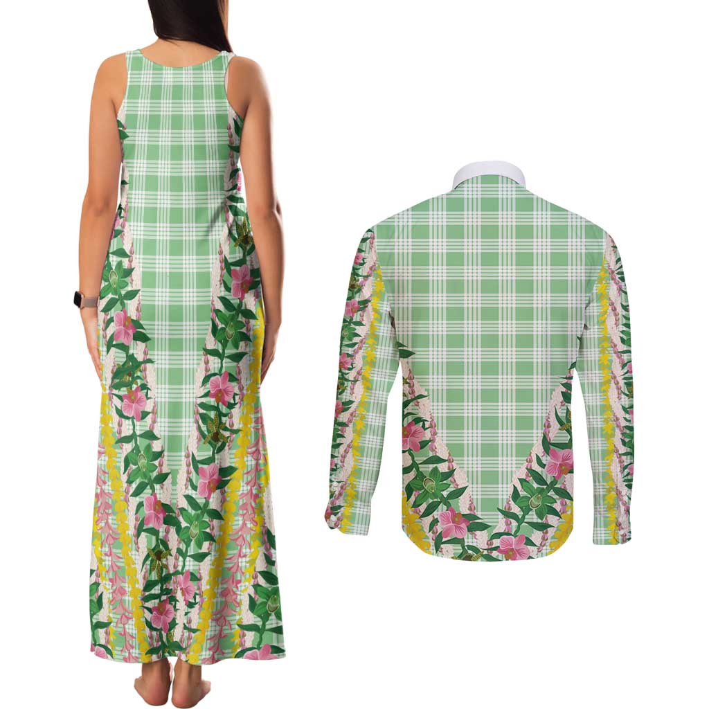 Hawaii Pikake Lokelani Plumeria Lei Couples Matching Tank Maxi Dress and Long Sleeve Button Shirt Green Palaka Motifs