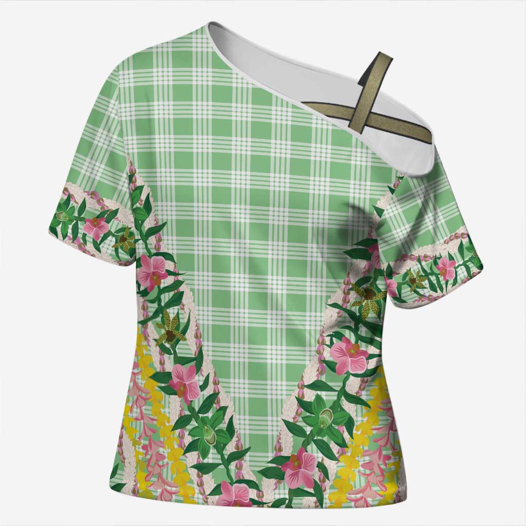 Hawaii Pikake Lokelani Plumeria Lei Cross Shoulder Shirt Green Palaka Motifs LT05 Female Green - Polynesian Pride