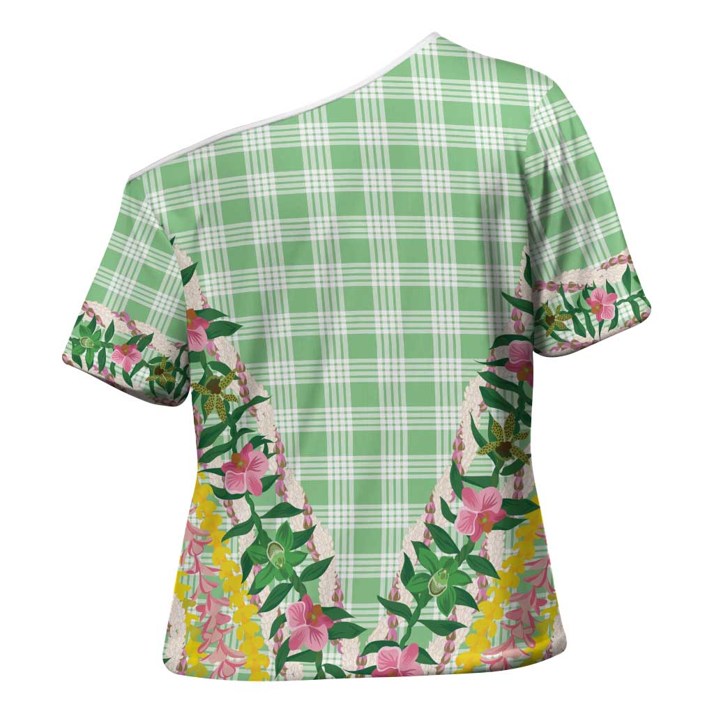 Hawaii Pikake Lokelani Plumeria Lei Cross Shoulder Shirt Green Palaka Motifs