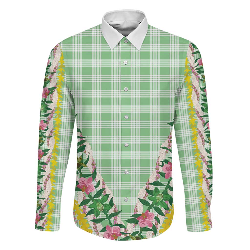 Hawaii Pikake Lokelani Plumeria Lei Family Matching Long Sleeve Bodycon Dress and Hawaiian Shirt Green Palaka Motifs
