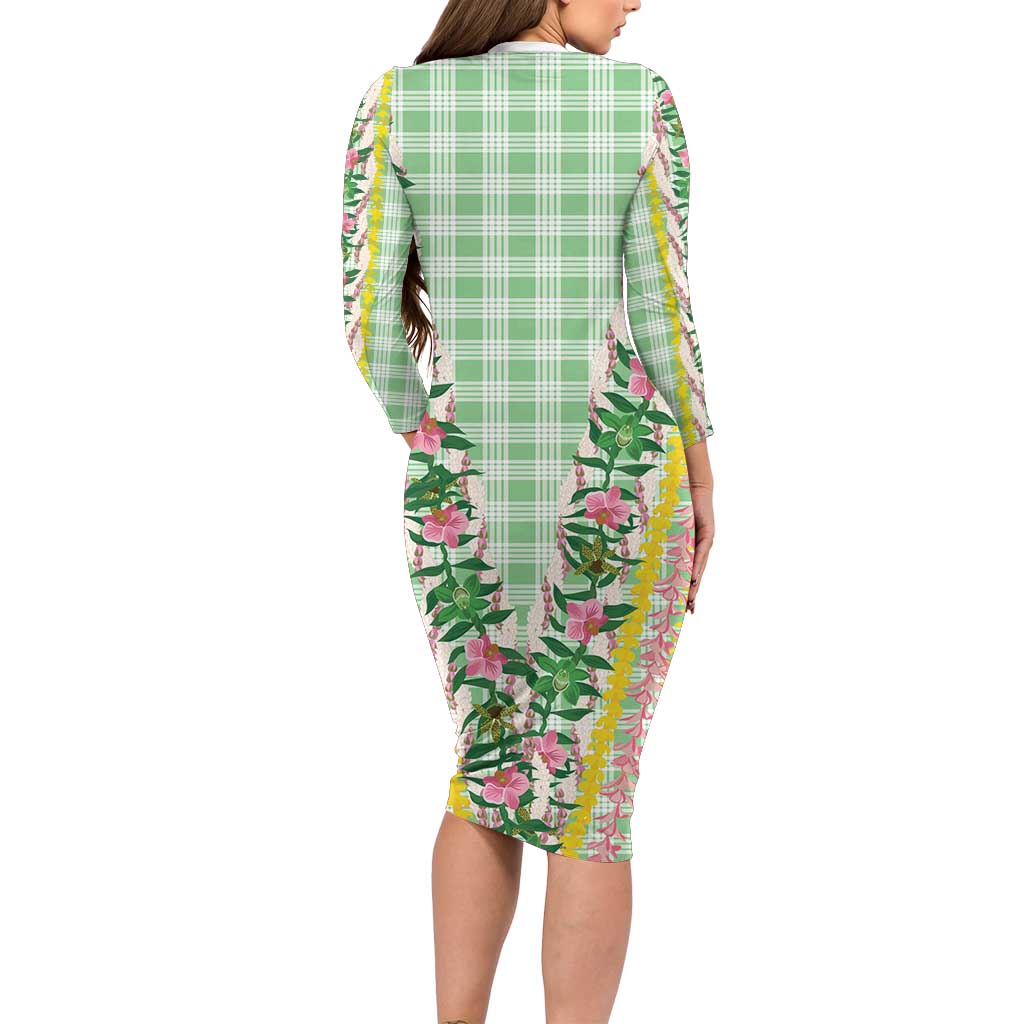 Hawaii Pikake Lokelani Plumeria Lei Family Matching Long Sleeve Bodycon Dress and Hawaiian Shirt Green Palaka Motifs