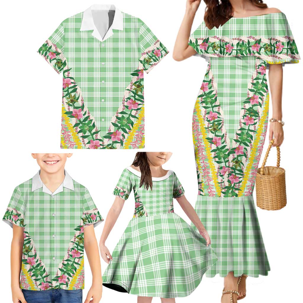 Hawaii Pikake Lokelani Plumeria Lei Family Matching Mermaid Dress and Hawaiian Shirt Green Palaka Motifs