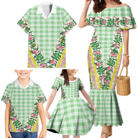 Hawaii Pikake Lokelani Plumeria Lei Family Matching Mermaid Dress and Hawaiian Shirt Green Palaka Motifs
