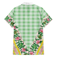 Hawaii Pikake Lokelani Plumeria Lei Family Matching Mermaid Dress and Hawaiian Shirt Green Palaka Motifs