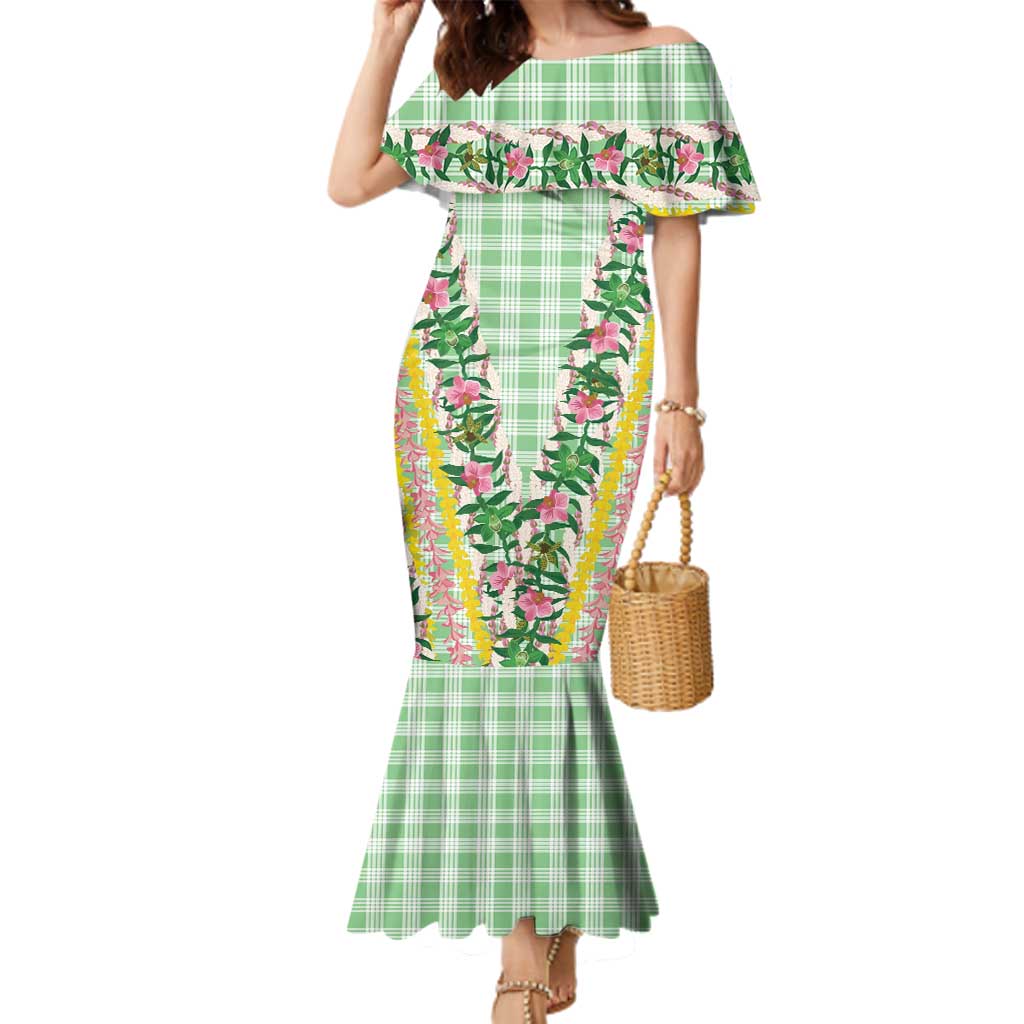 Hawaii Pikake Lokelani Plumeria Lei Family Matching Mermaid Dress and Hawaiian Shirt Green Palaka Motifs