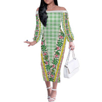 Hawaii Pikake Lokelani Plumeria Lei Family Matching Off The Shoulder Long Sleeve Dress and Hawaiian Shirt Green Palaka Motifs