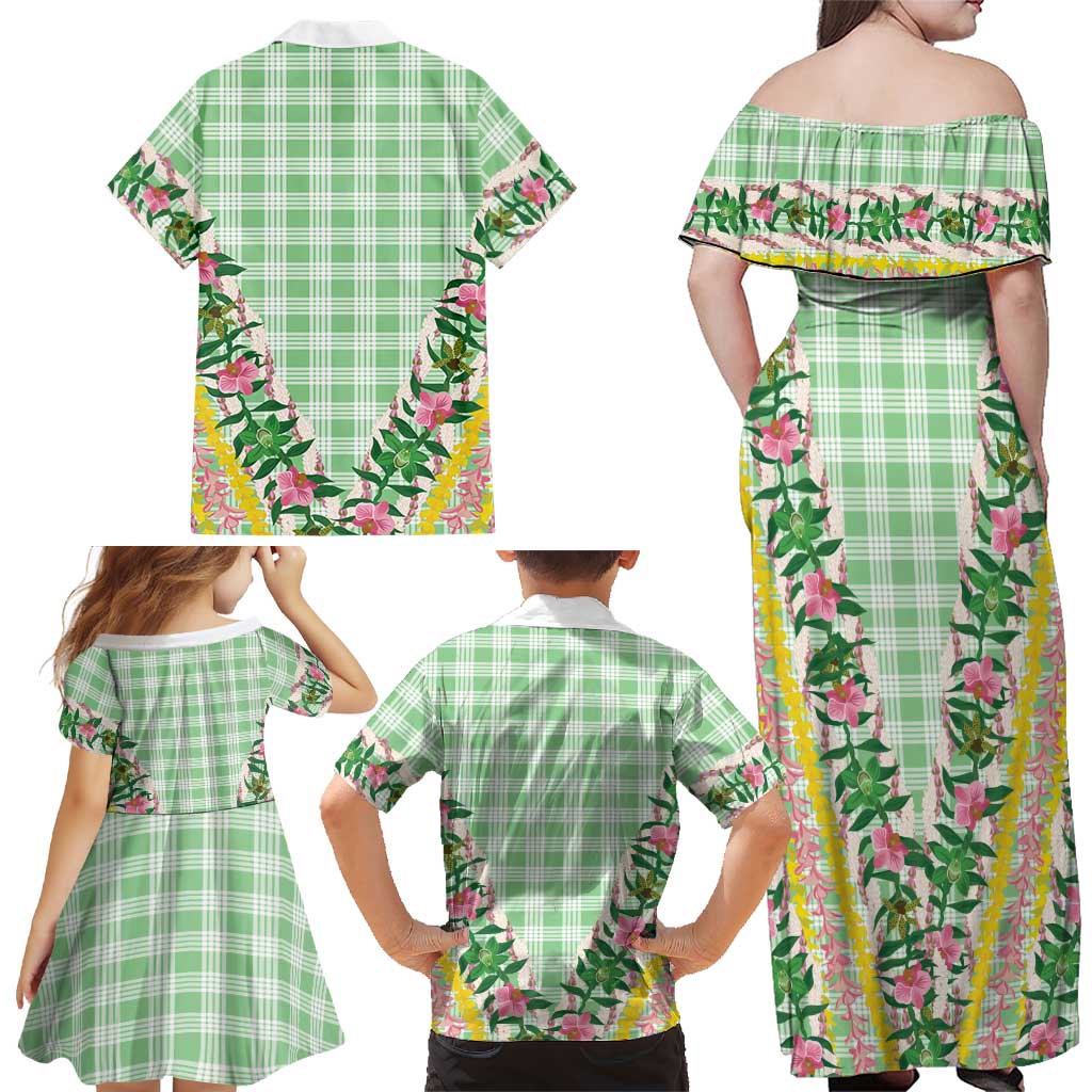 Hawaii Pikake Lokelani Plumeria Lei Family Matching Off Shoulder Maxi Dress and Hawaiian Shirt Green Palaka Motifs