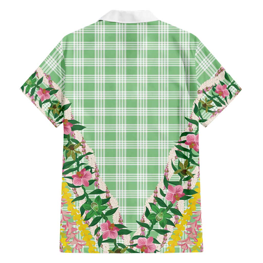 Hawaii Pikake Lokelani Plumeria Lei Family Matching Off Shoulder Maxi Dress and Hawaiian Shirt Green Palaka Motifs