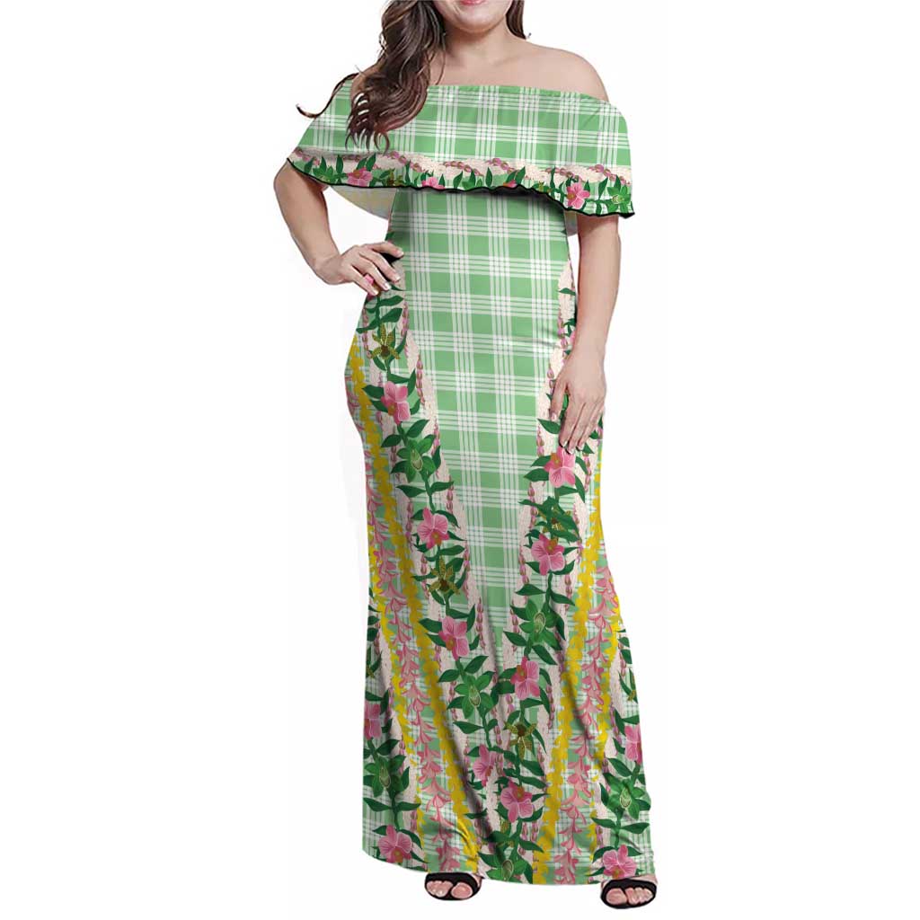 Hawaii Pikake Lokelani Plumeria Lei Family Matching Off Shoulder Maxi Dress and Hawaiian Shirt Green Palaka Motifs