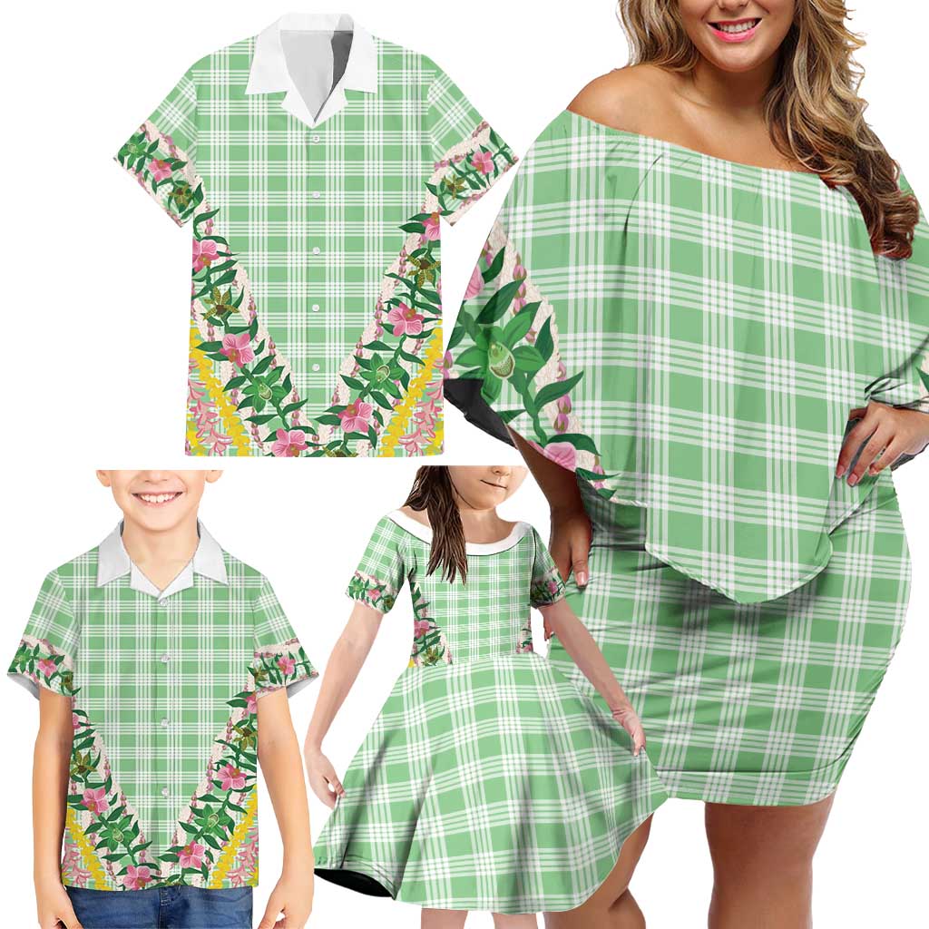 Hawaii Pikake Lokelani Plumeria Lei Family Matching Off Shoulder Short Dress and Hawaiian Shirt Green Palaka Motifs