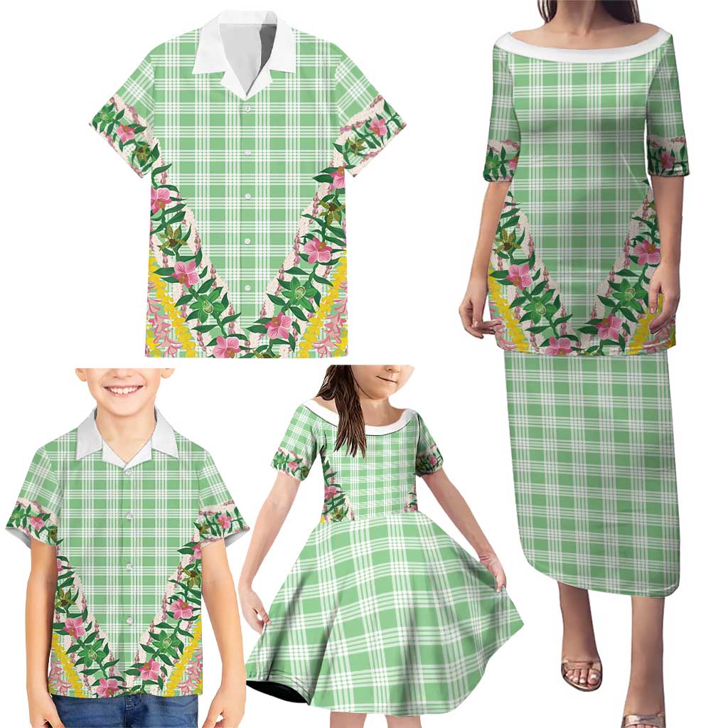 Hawaii Pikake Lokelani Plumeria Lei Family Matching Puletasi and Hawaiian Shirt Green Palaka Motifs