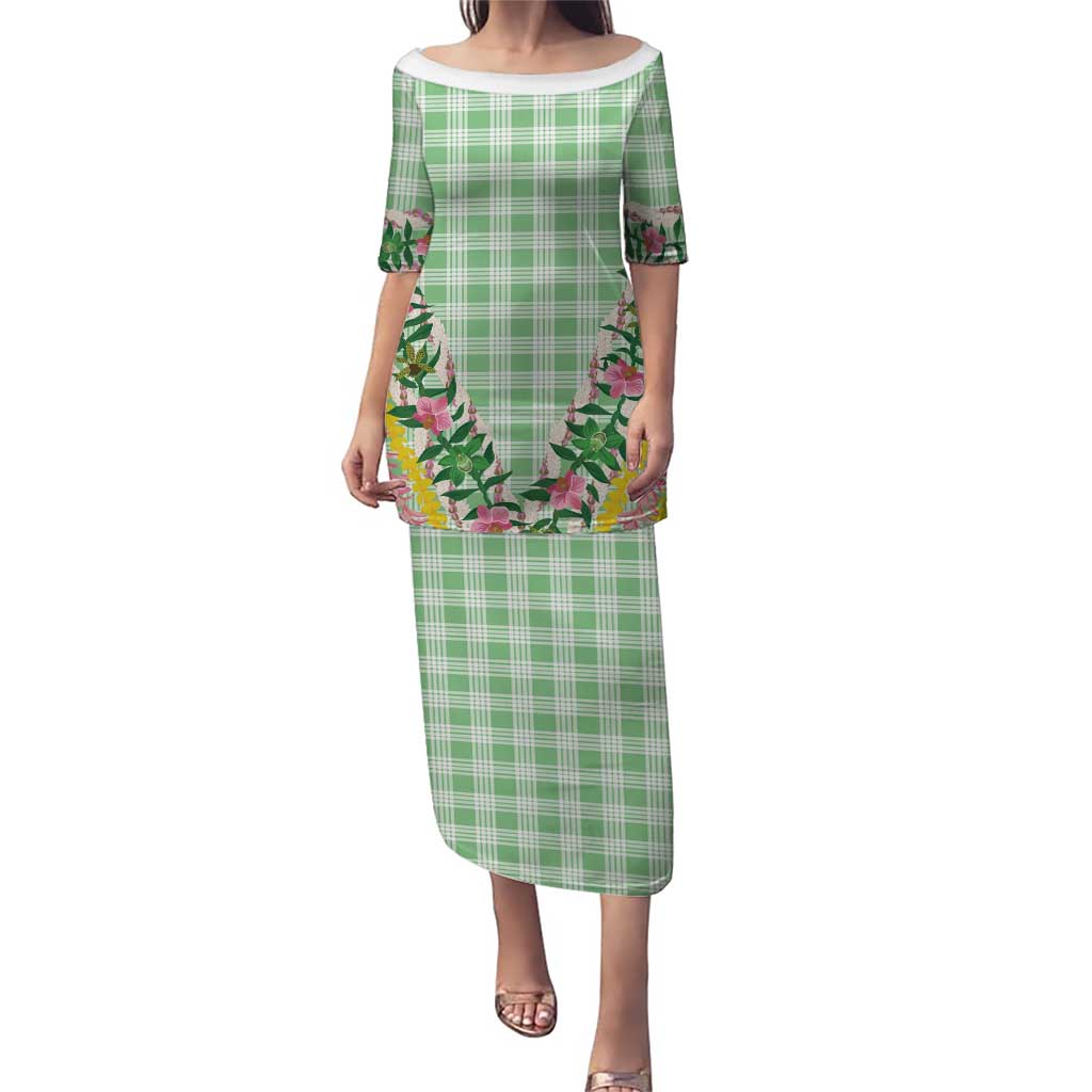 Hawaii Pikake Lokelani Plumeria Lei Family Matching Puletasi and Hawaiian Shirt Green Palaka Motifs