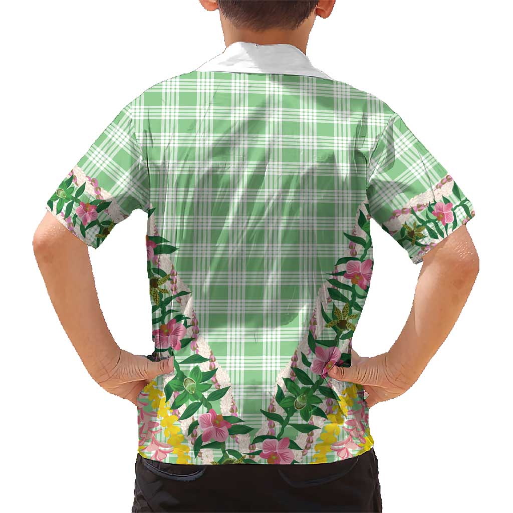 Hawaii Pikake Lokelani Plumeria Lei Family Matching Short Sleeve Bodycon Dress and Hawaiian Shirt Green Palaka Motifs