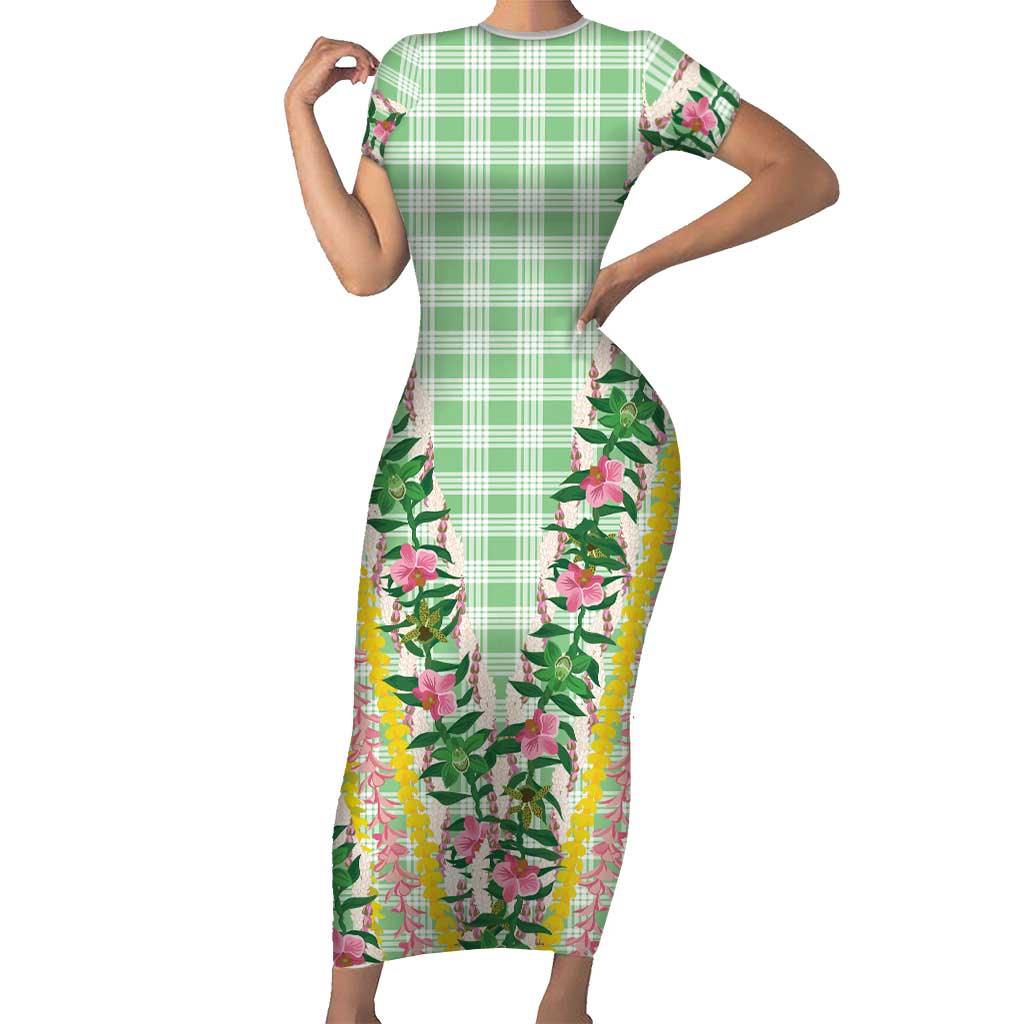 Hawaii Pikake Lokelani Plumeria Lei Family Matching Short Sleeve Bodycon Dress and Hawaiian Shirt Green Palaka Motifs
