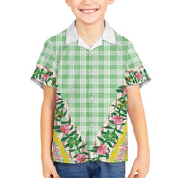 Hawaii Pikake Lokelani Plumeria Lei Family Matching Summer Maxi Dress and Hawaiian Shirt Green Palaka Motifs