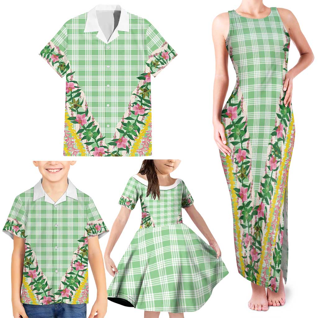 Hawaii Pikake Lokelani Plumeria Lei Family Matching Tank Maxi Dress and Hawaiian Shirt Green Palaka Motifs