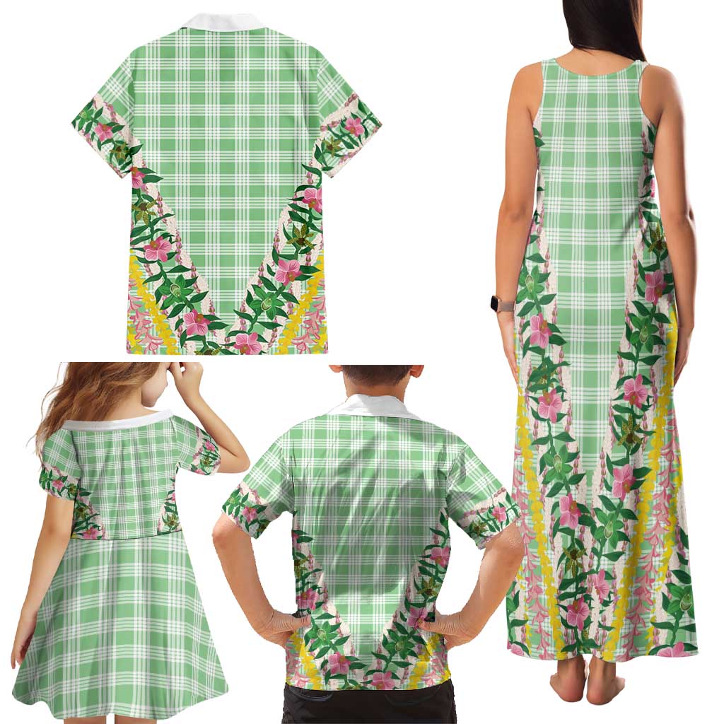 Hawaii Pikake Lokelani Plumeria Lei Family Matching Tank Maxi Dress and Hawaiian Shirt Green Palaka Motifs