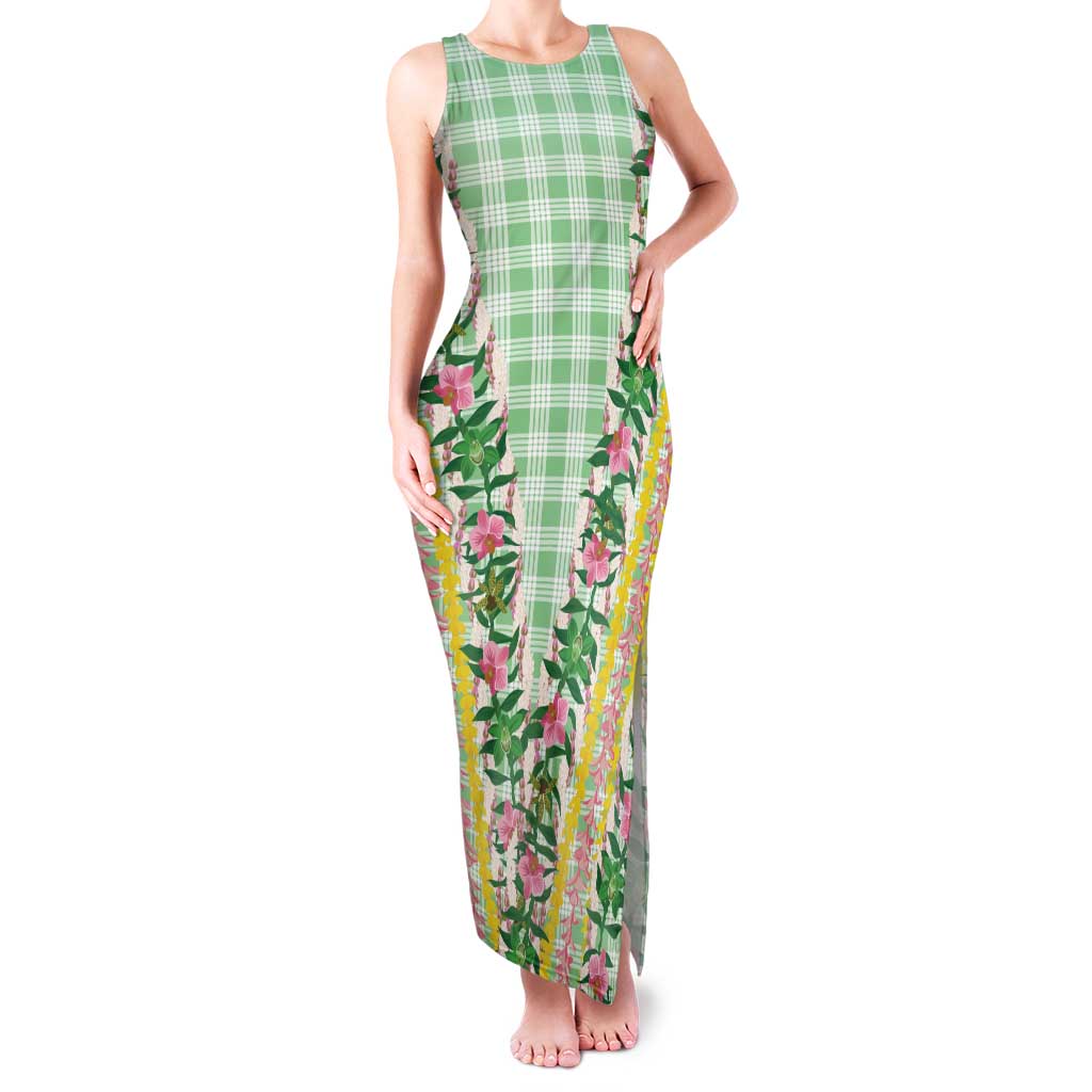 Hawaii Pikake Lokelani Plumeria Lei Family Matching Tank Maxi Dress and Hawaiian Shirt Green Palaka Motifs
