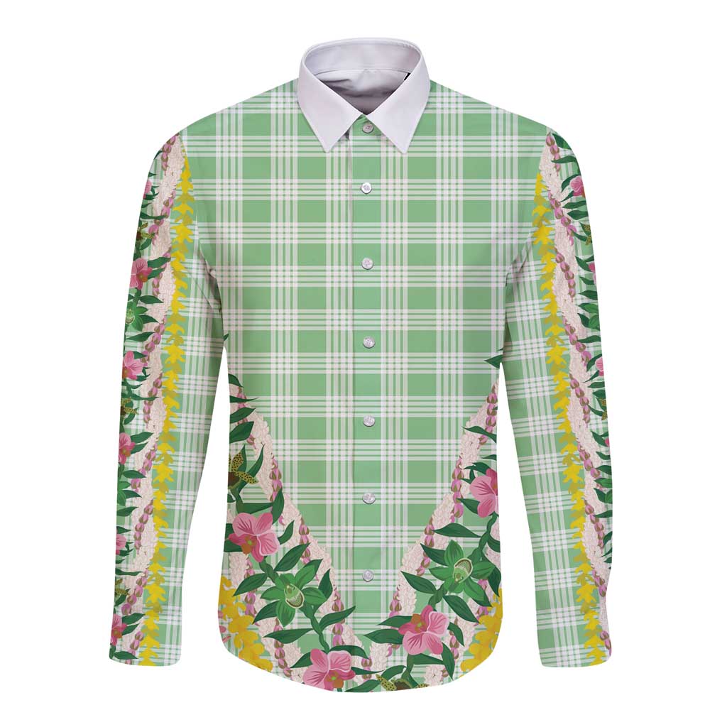 Hawaii Pikake Lokelani Plumeria Lei Long Sleeve Button Shirt Green Palaka Motifs