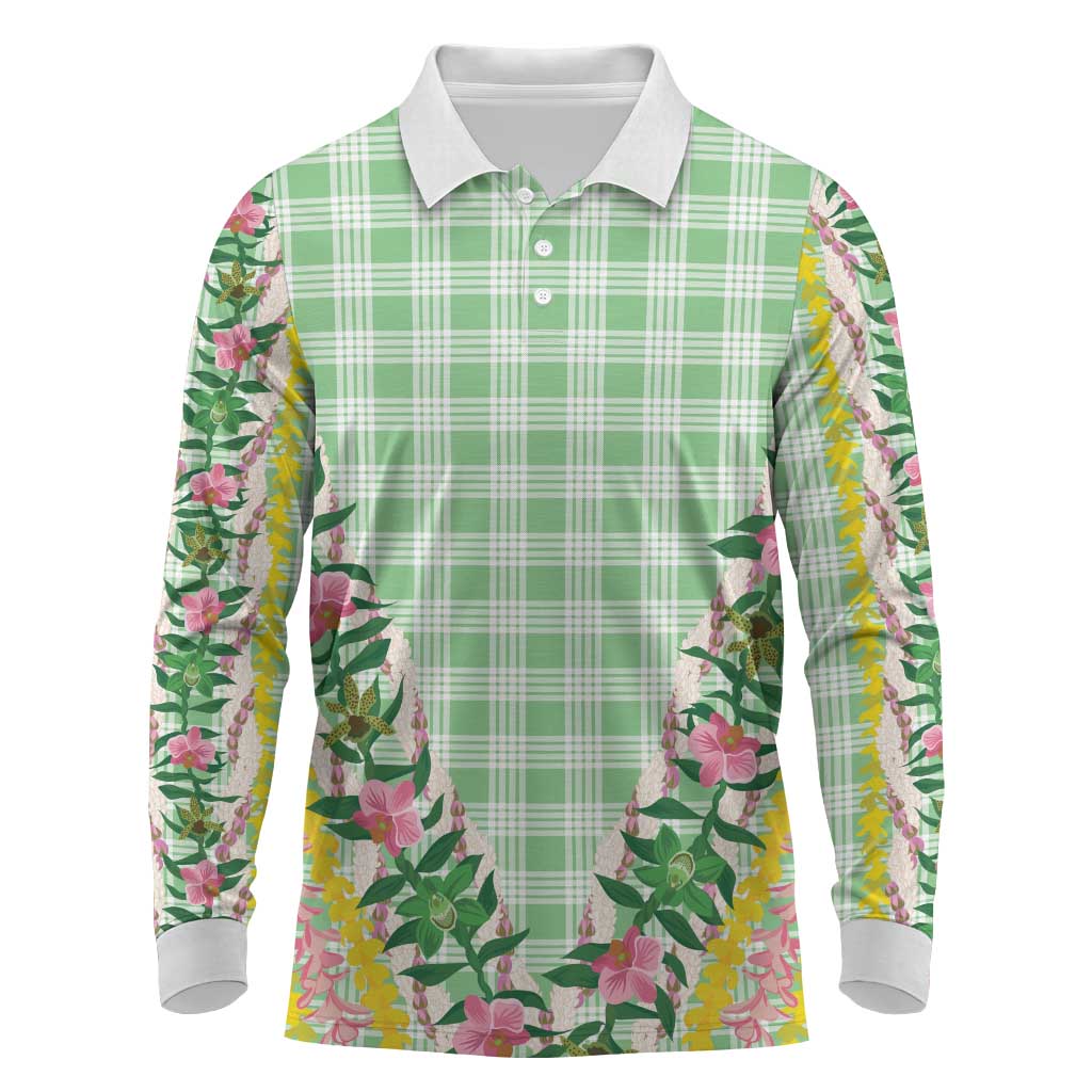 Hawaii Pikake Lokelani Plumeria Lei Long Sleeve Polo Shirt Green Palaka Motifs LT05 Green - Polynesian Pride