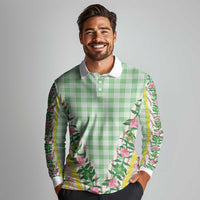 Hawaii Pikake Lokelani Plumeria Lei Long Sleeve Polo Shirt Green Palaka Motifs